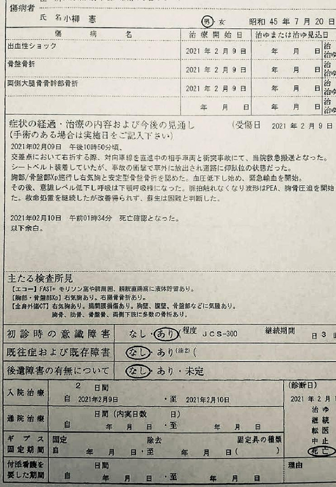 小柳さんの診断書（遺族提供）