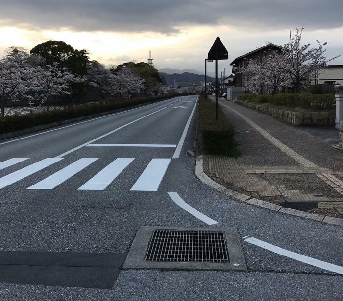 事故現場。瞳さんはこの横断歩道を横断中、速度オーバーの乗用車にはねられた。見通しのよい直線道路だった（遺族提供） 