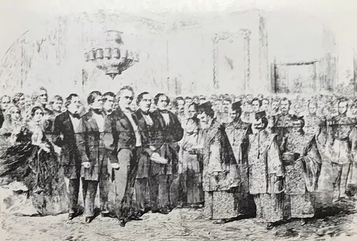 ホワイトハウスにてブキャナン大統領と対面する使節団の面々。会場には女性の姿もあった