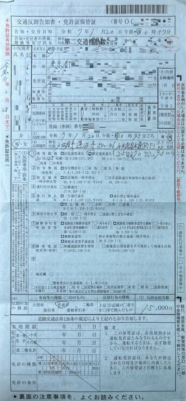 芳井さんが神奈川県警第二交通機動隊の巡査に切られた青切符(画像は一部加工しています)